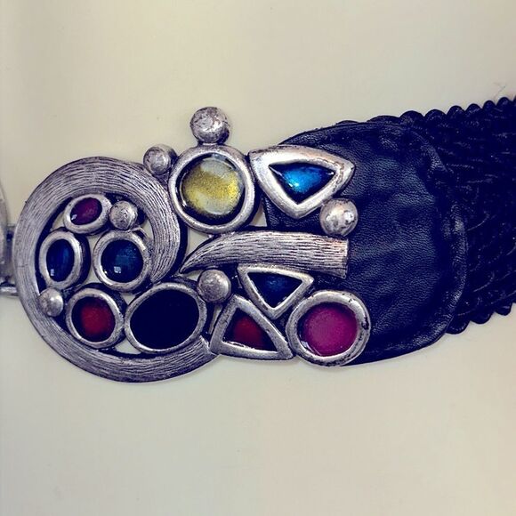 Chico’s tarnished silver multi color enamel painted black woven cord‎ belt - Picture 3 of 8